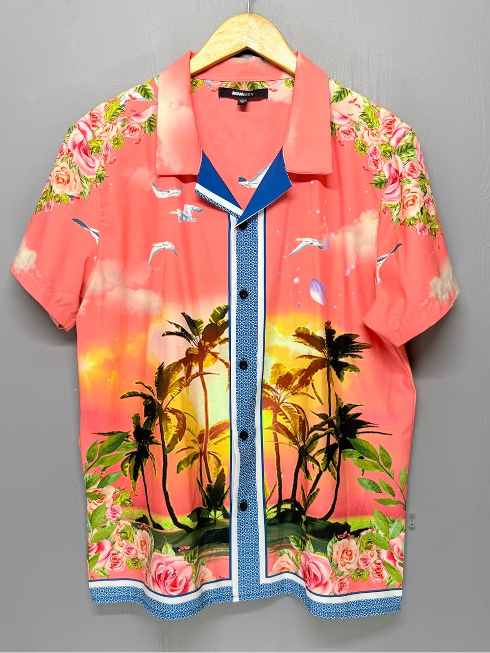 NOVAMEN Coral Tropical Sunset Print Short-Sleeve Button Up Shirt Men's M